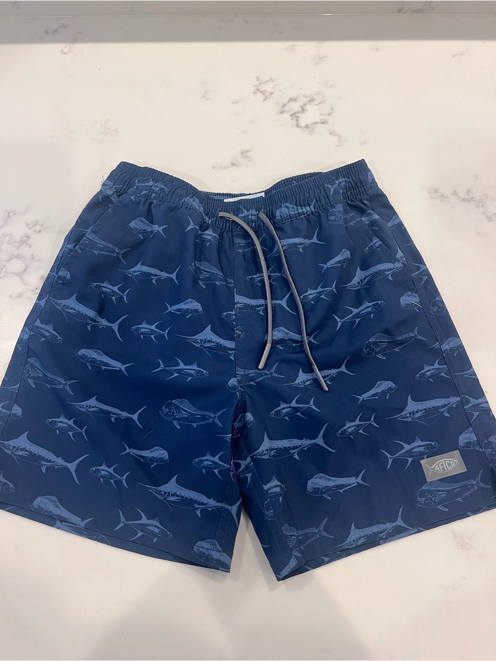 AFTCO Navy Blue Kids Swim Trunks with Fish Print